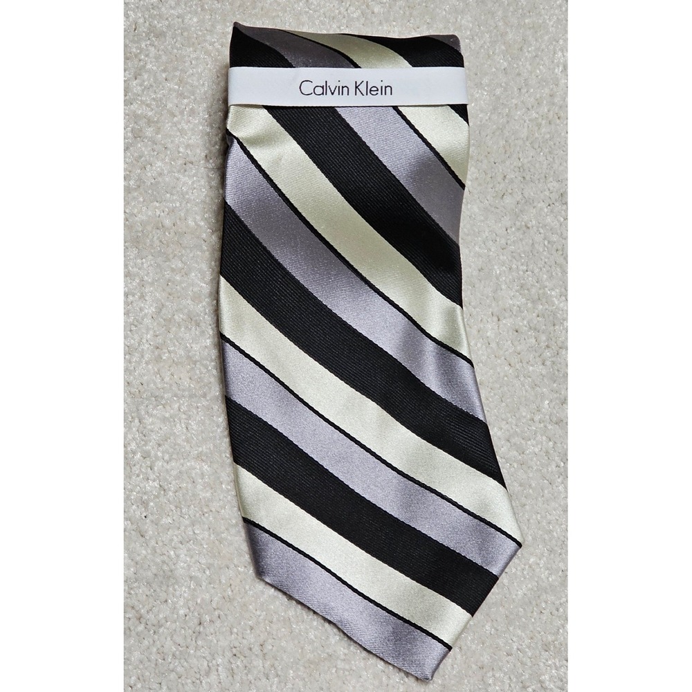Calvin Klein Mens Striped Silk Blend Tie Black Grey Cream Formal Business‎ - Picture 5 of 5